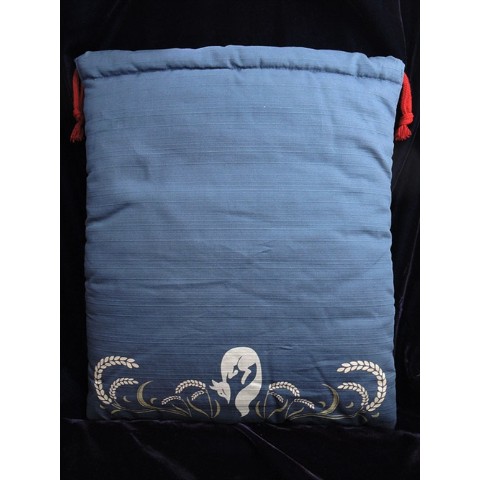 【狐面堂】狐巾着「稲穂狐」（狐面用）/布（青）・紐（赤）