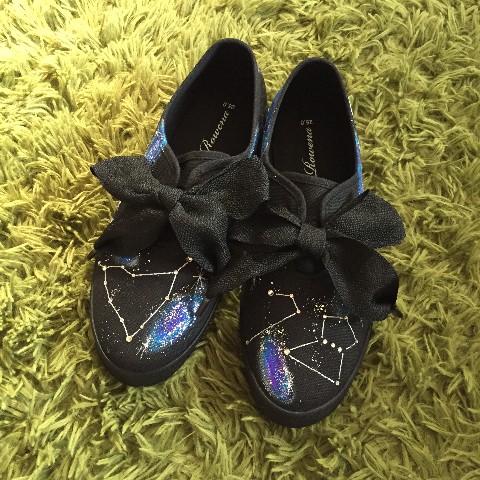 【Seikoyuki】宇宙猫と星座のスワロフスキーリボンスニーカー【25.0】【受注生産】