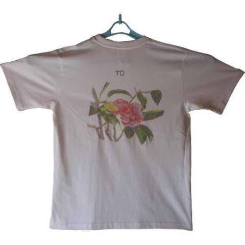 【大松雅士】日本伝統文化代表作家のちぎり絵Tシャツ（花より団子XL）背面/ツバキ【Tadashi Daimatsu】