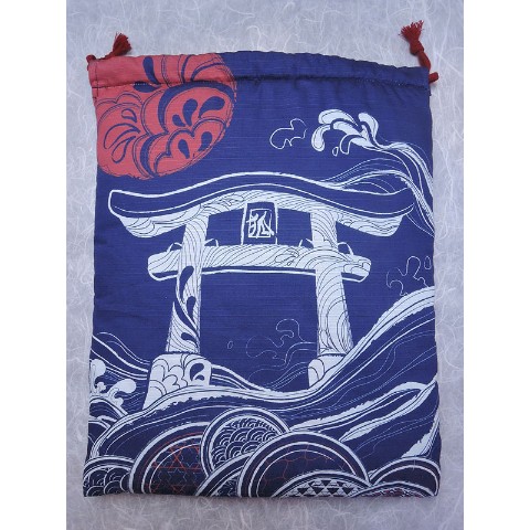 【狐面堂】巾着「波和柄」（狐面用/青地）