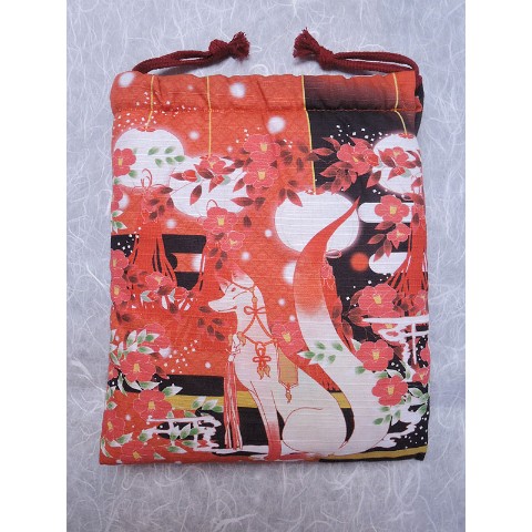 【狐面堂】巾着「狐と椿」（狐口面用）