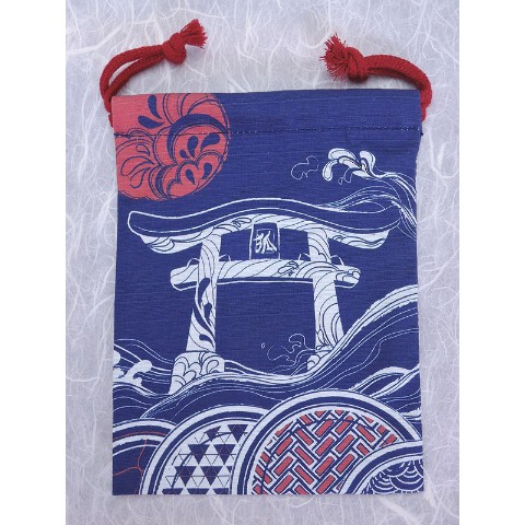 【狐面堂】巾着「波和柄」（小/青地）