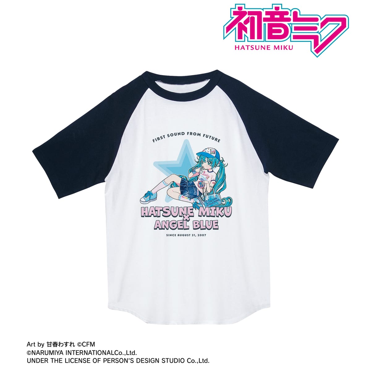 【初音ミク】ANGEL BLUEコラボ 描き下ろし 初音ミク Art by 甘春わすれ ラグランTシャツ ver.Aユニセックス(サイズ/XL)